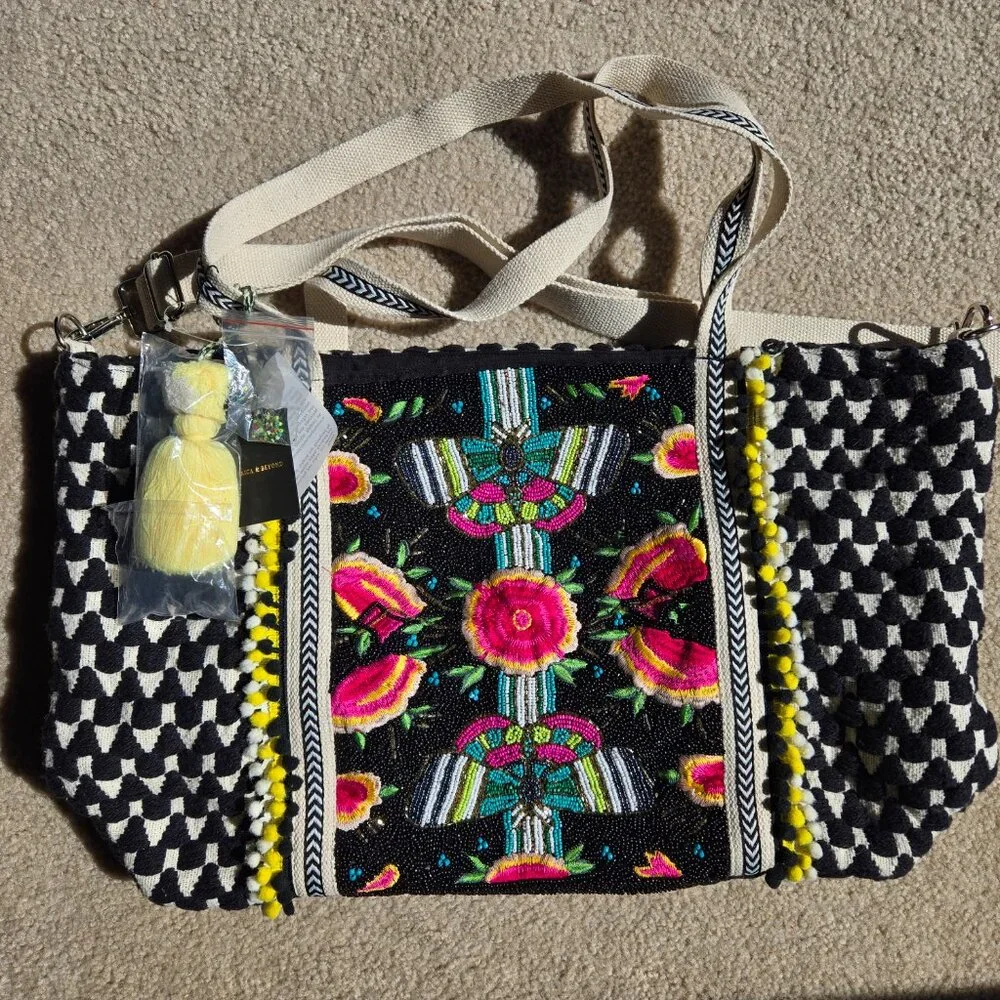 NWT America & Beyond Embellished Beaded Embroidered Tote--Midnight Butterflies